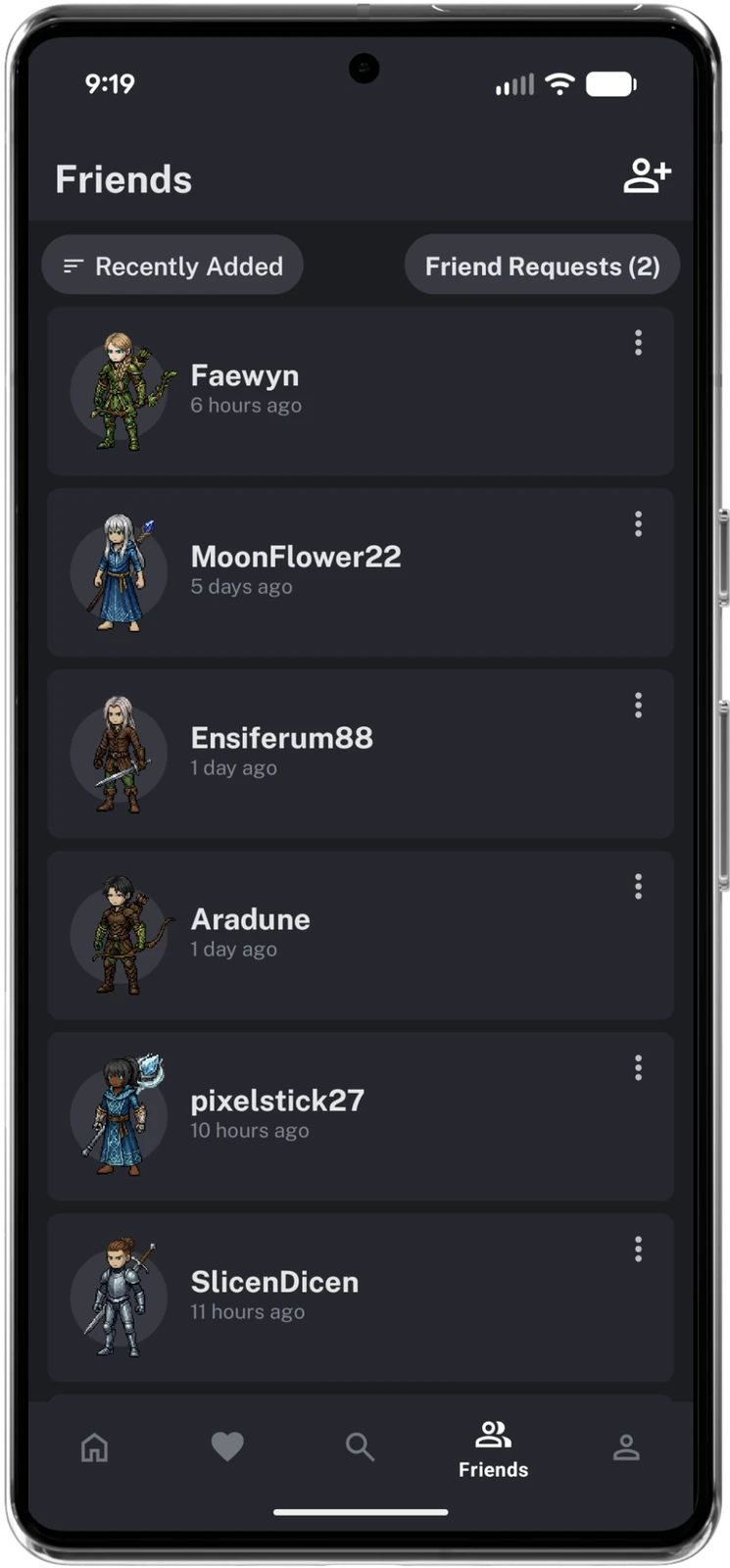 Friends list with pixel-art avatars