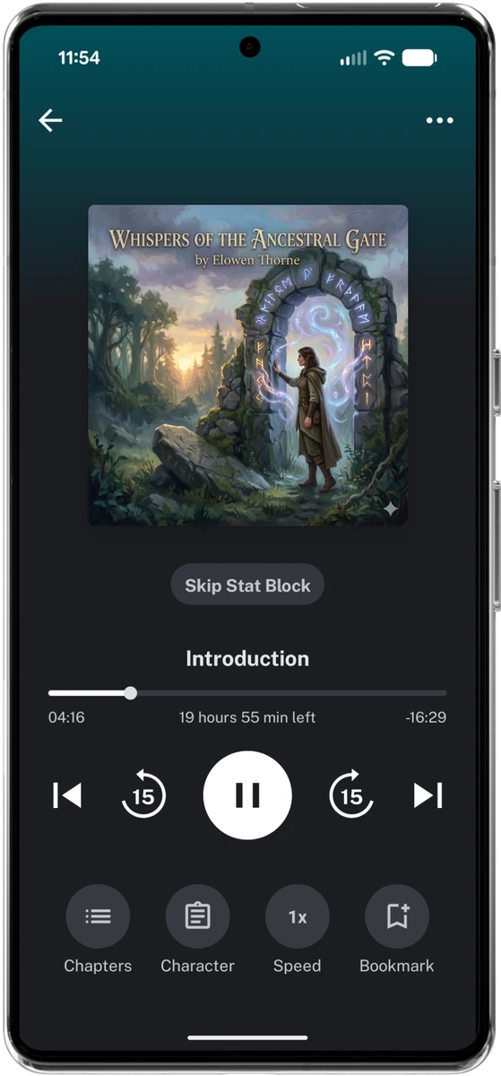 Voxtome audiobook player with cover art, scrubber, and skip controls